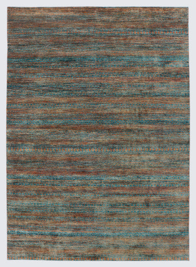 A full view of a vibrant hand-knotted double-knot Gabbeh rug from the Aatish collection, featuring horizontal bands of variegated orange tribal motifs over a textured malachite blue-green foundation.