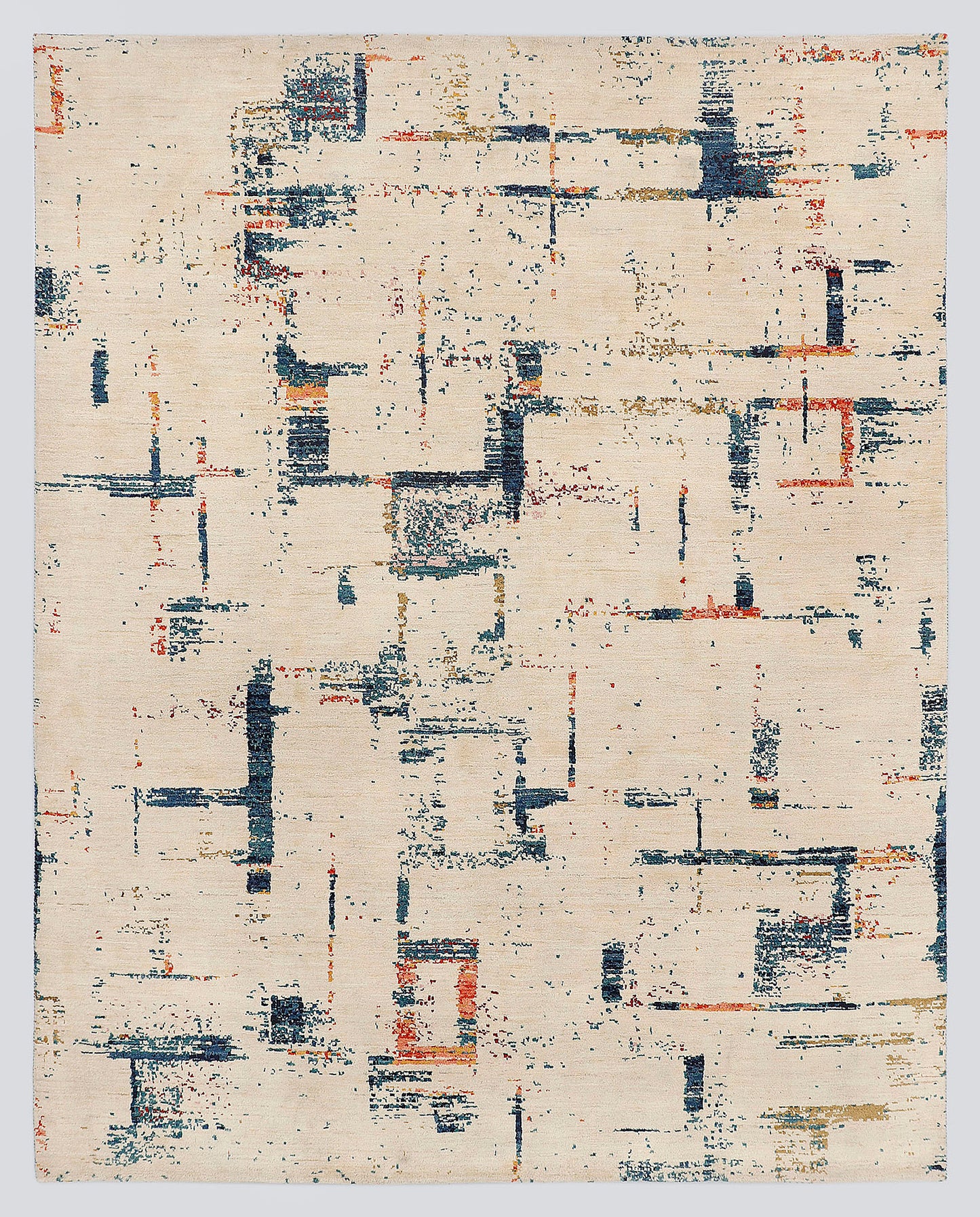 A full view of a modern, pure abstract hand-knotted rug from the Fresco Edit, featuring a deconstructed, architectural grid of deep indigo and rust over a luminous ivory foundation.