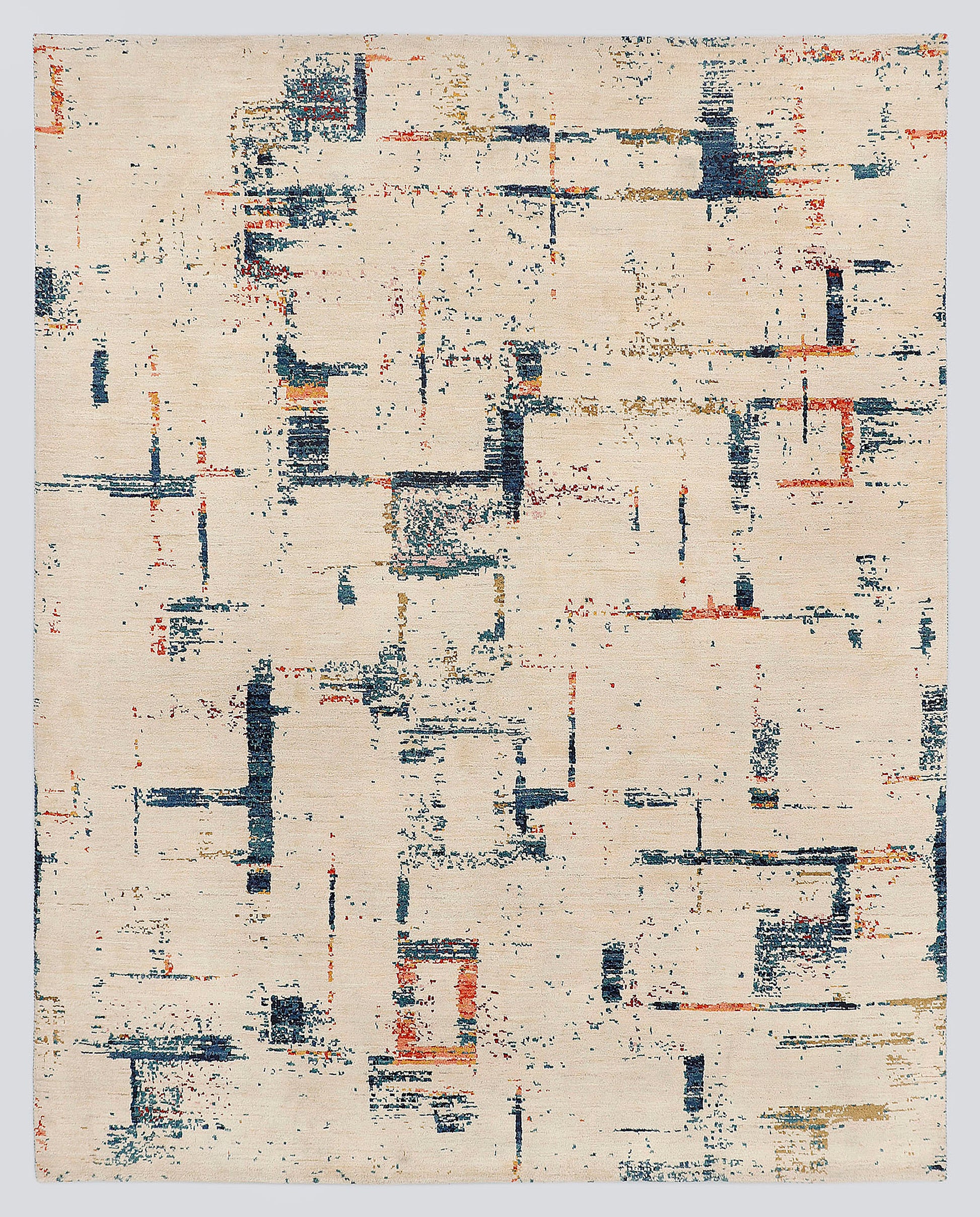 A full view of a modern, pure abstract hand-knotted rug from the Fresco Edit, featuring a deconstructed, architectural grid of deep indigo and rust over a luminous ivory foundation.
