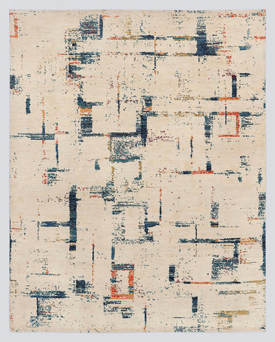 A full view of a modern, pure abstract hand-knotted rug from the Fresco Edit, featuring a deconstructed, architectural grid of deep indigo and rust over a luminous ivory foundation.