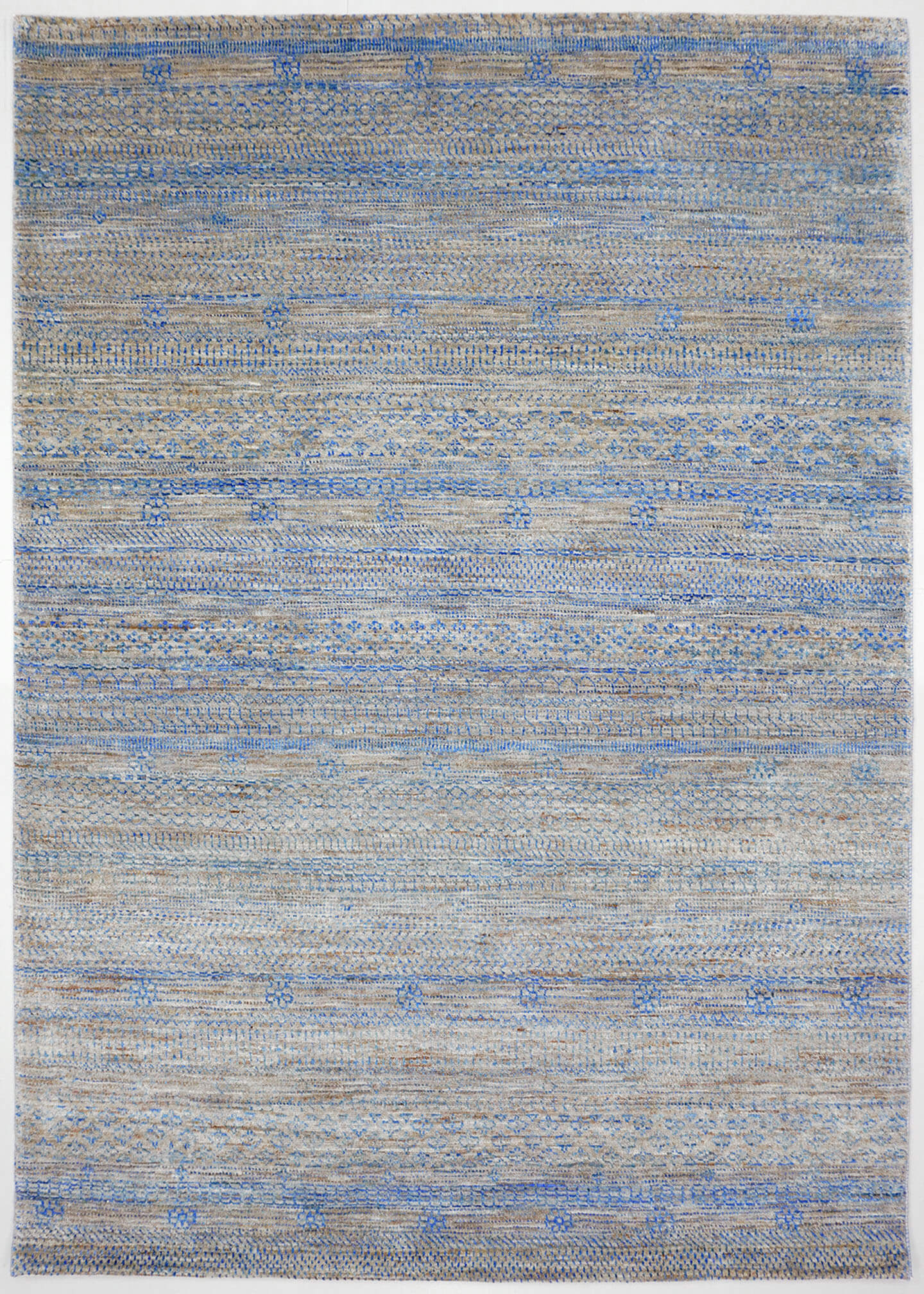 Seafoam blue hand-knotted Aatish Gabbeh rug with rhythmic levels of tribal talisman motifs