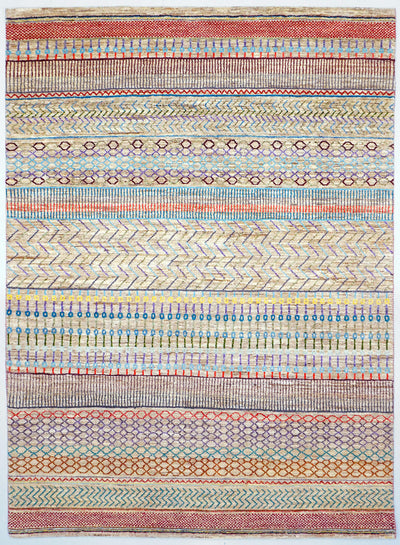 Full view of a natural white hand-knotted Aatish Gabbeh rug featuring rhythmic tiers of multi-colored Silsila motifs