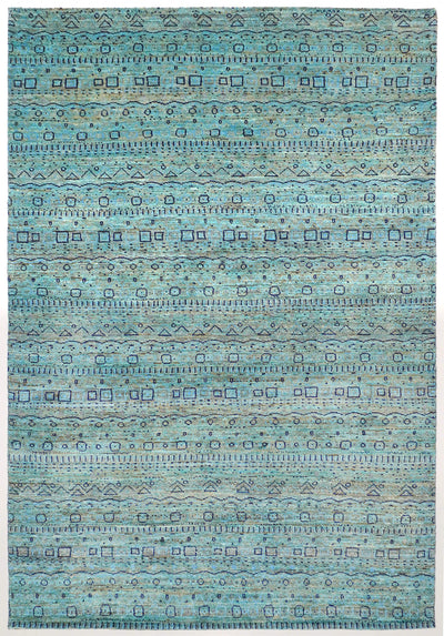 Full view of a turquoise hand-knotted Aatish Gabbeh rug featuring rhythmic levels of symbolic Bof motifs.