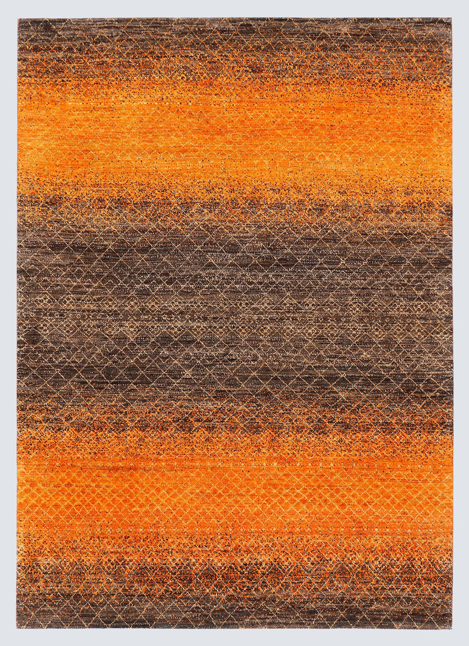 A full view of a minimalist hand-knotted wool rug featuring rich horizontal bands of fiery orange and deep chocolate brown, overlaid with a faint, repeating diamond motif.