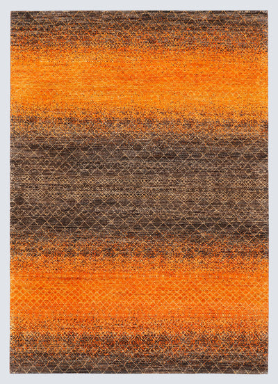 A full view of a minimalist hand-knotted wool rug featuring rich horizontal bands of fiery orange and deep chocolate brown, overlaid with a faint, repeating diamond motif.