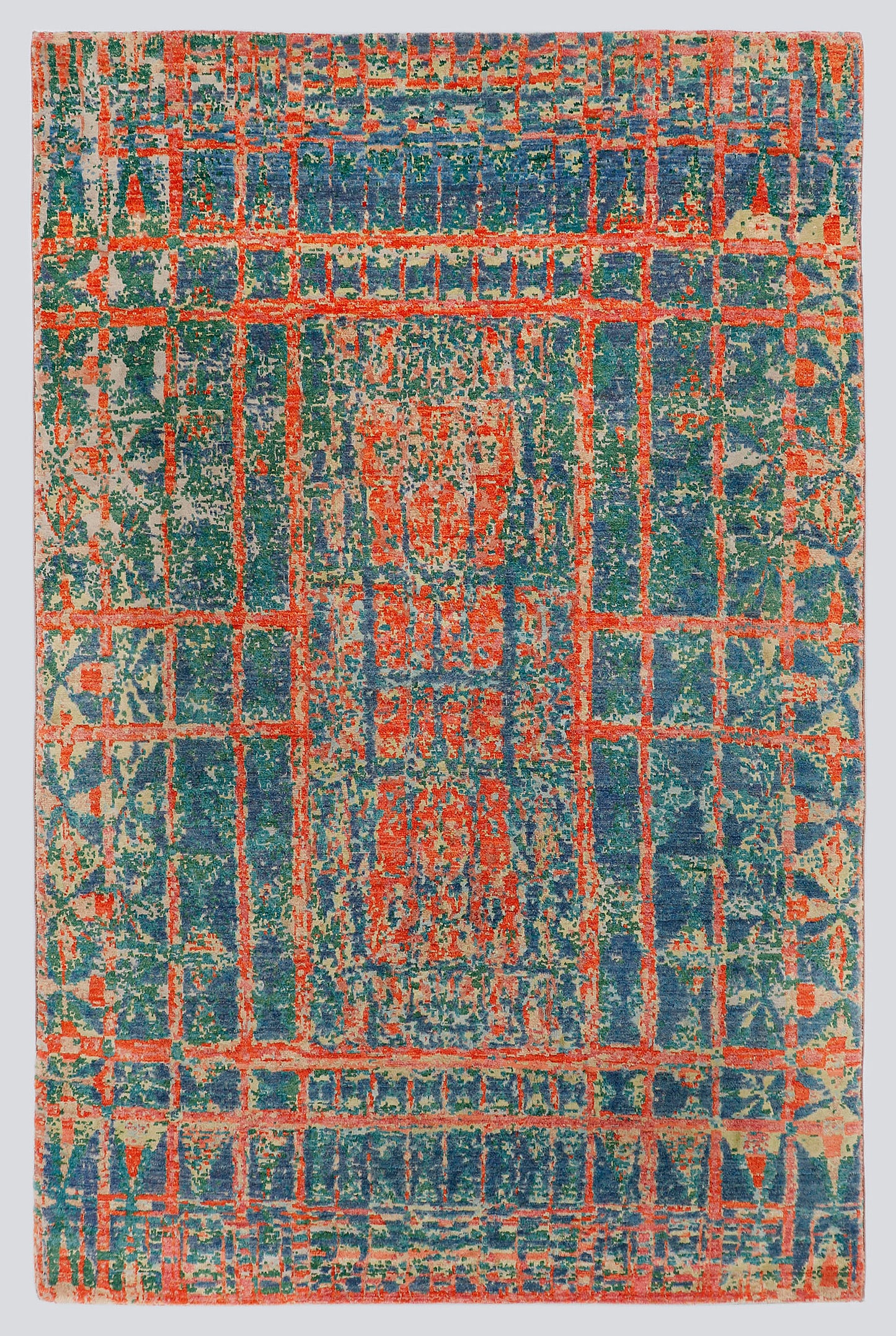 A full view of a modern, pure abstract hand-knotted rug from the Fresco Edit, featuring a distressed, architectural grid pattern of vivid cinnabar red and deep teal over a neutral foundation.