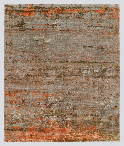 A full view of a pure abstract hand-knotted rug from the Fresco Edit, featuring horizontal layers of slate grey, olive, and vibrant rust woven in a wool and hybrid silk blend.