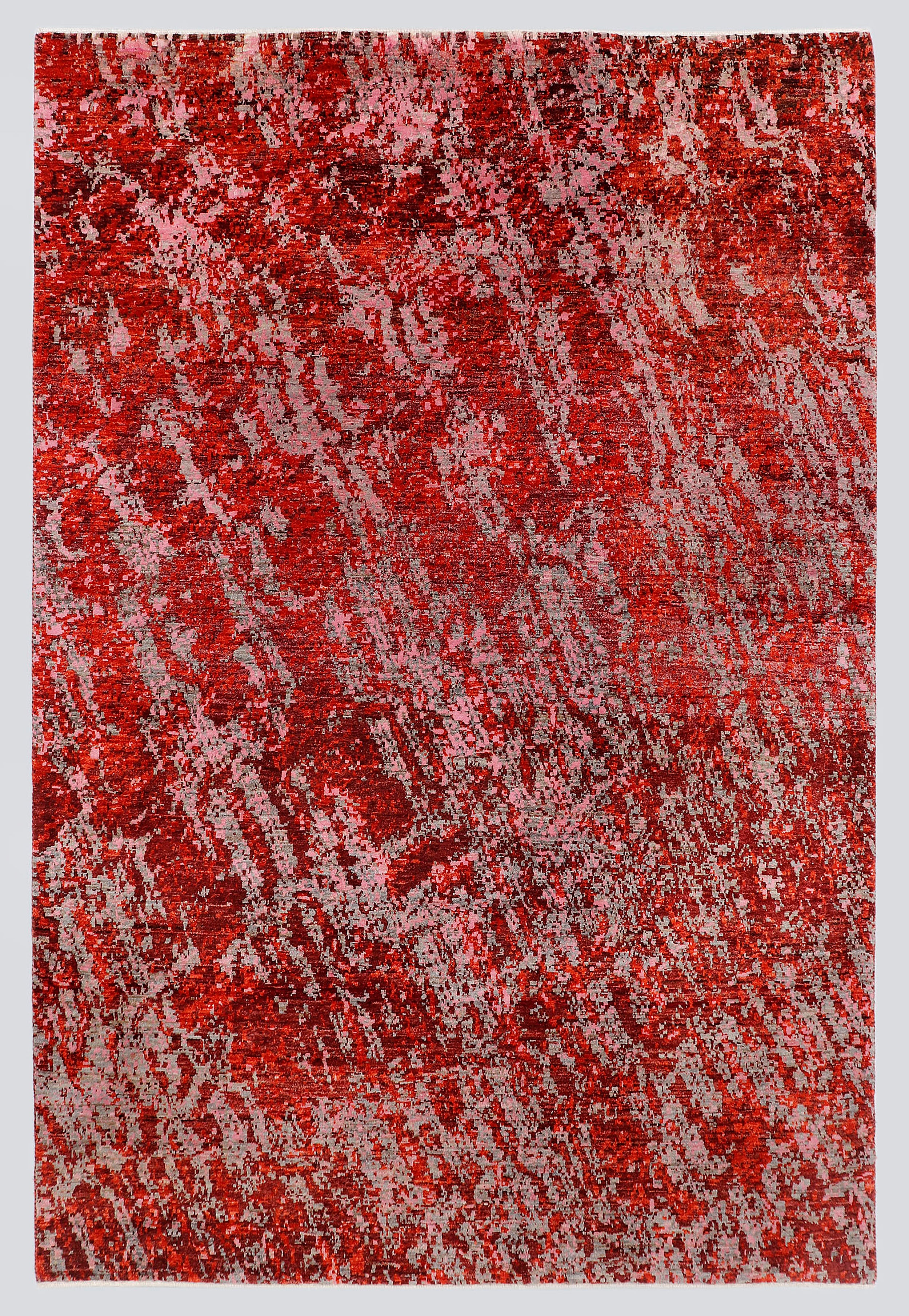 A full view of a modern abstract hand-knotted rug from the Fresco Edit, featuring a heavily distressed, kinetic pattern of vibrant crimson and blood red over a silvery-grey foundation.