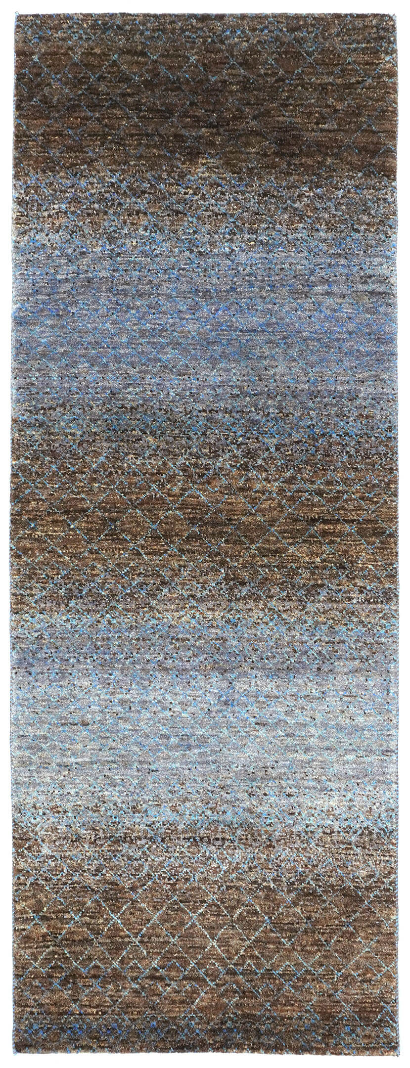 Full view of a natural brown and greyish blue hand-knotted Aatish Gabbeh rug featuring a minimalist Sarab landscape