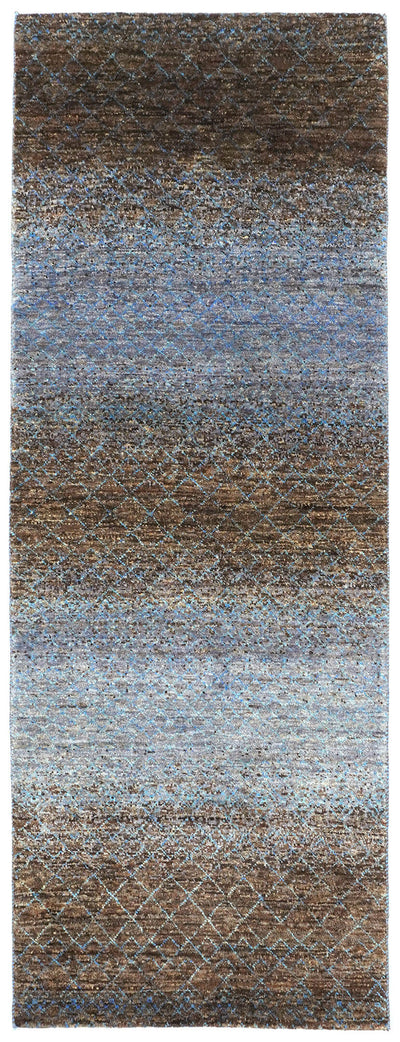 Full view of a natural brown and greyish blue hand-knotted Aatish Gabbeh rug featuring a minimalist Sarab landscape