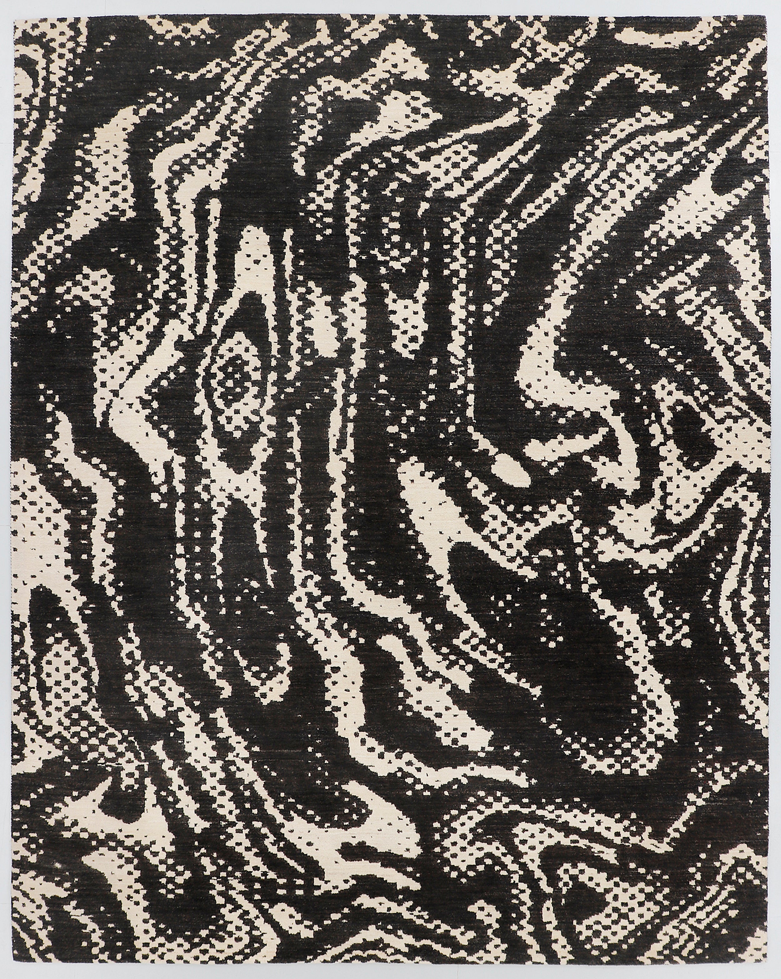 A full view of an original black and white abstract rug from the Fresco Edit, featuring highly kinetic, swirling expressionist lines and stippled patterns inspired by the painting "The Scream."