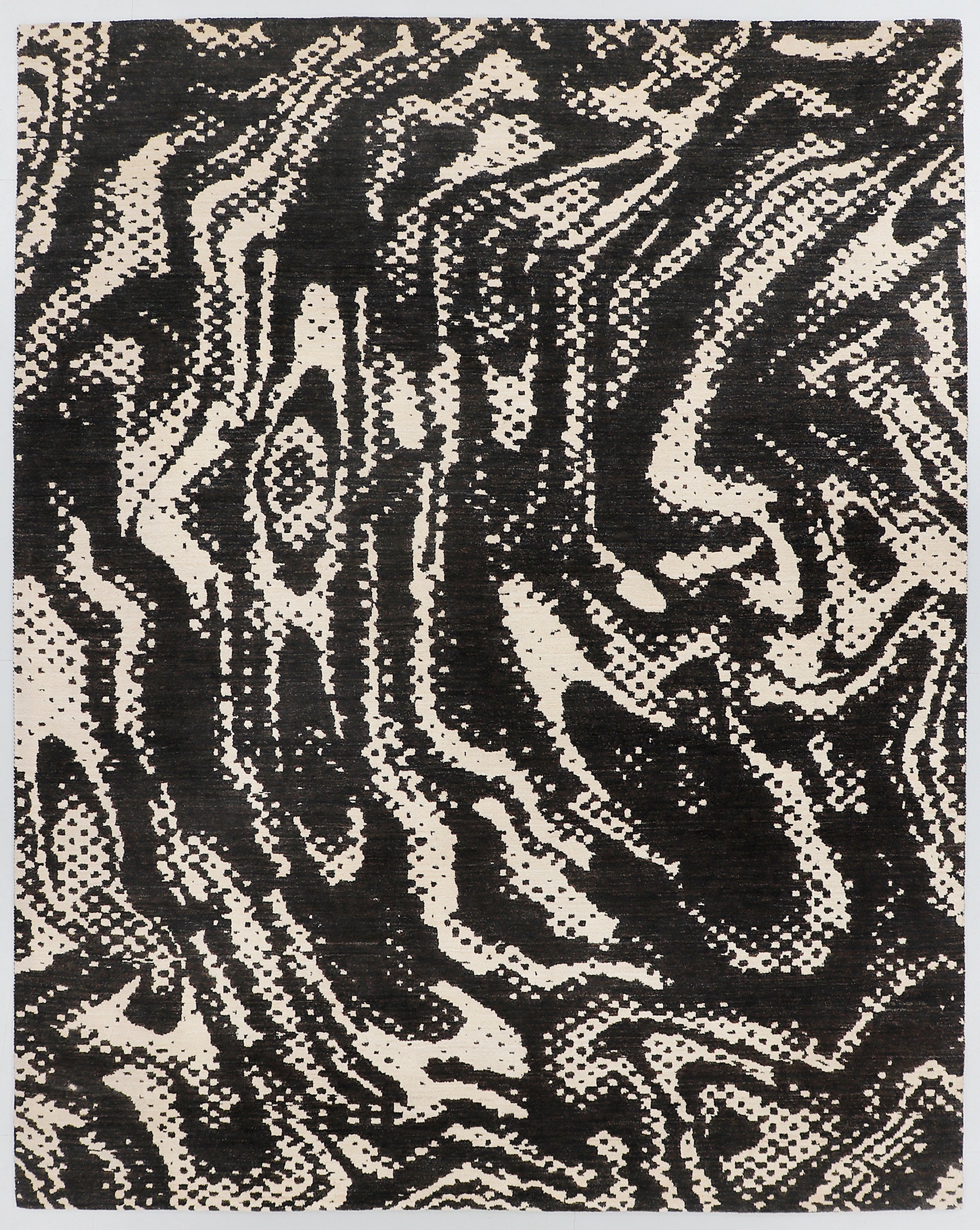 A full view of an original black and white abstract rug from the Fresco Edit, featuring highly kinetic, swirling expressionist lines and stippled patterns inspired by the painting "The Scream."