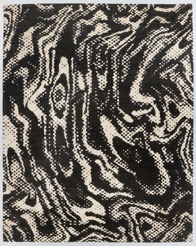 A full view of an original black and white abstract rug from the Fresco Edit, featuring highly kinetic, swirling expressionist lines and stippled patterns inspired by the painting "The Scream."