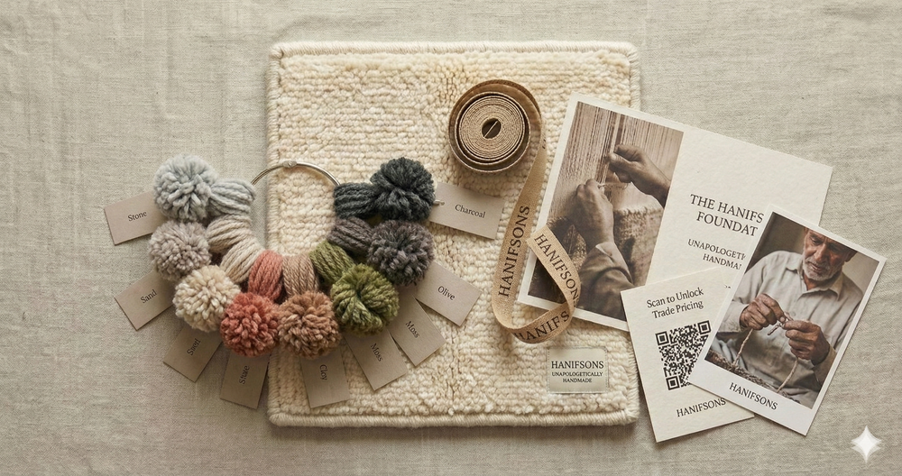 Master-Knotted strike-off and wool poms in a sample kit