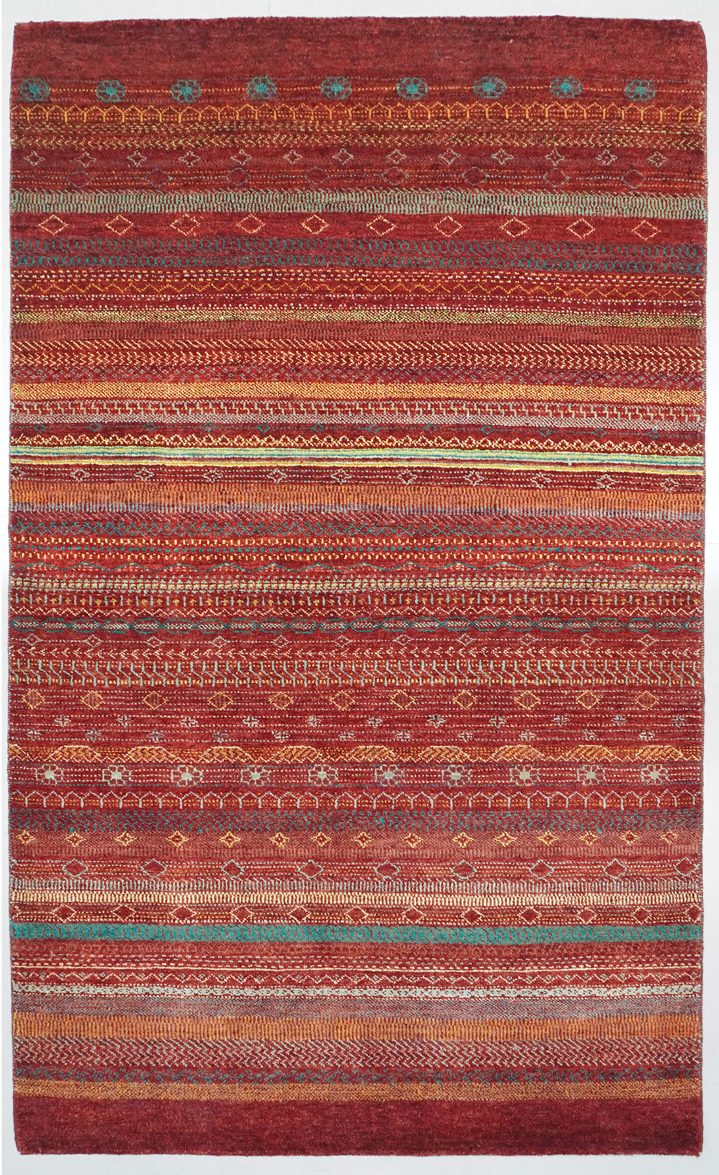Full view of a Madder Rust (deep brownish-red) hand-knotted Aatish Gabbeh rug featuring rhythmic tiers of Khat motifs