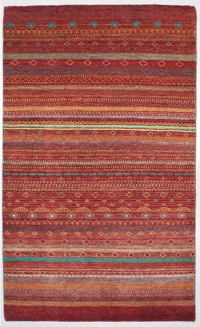 Full view of a Madder Rust (deep brownish-red) hand-knotted Aatish Gabbeh rug featuring rhythmic tiers of Khat motifs