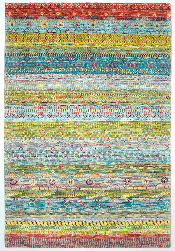 Full view of a multi-colored Opal hand-knotted Aatish rug featuring rhythmic tiers of heritage Baya motifs.