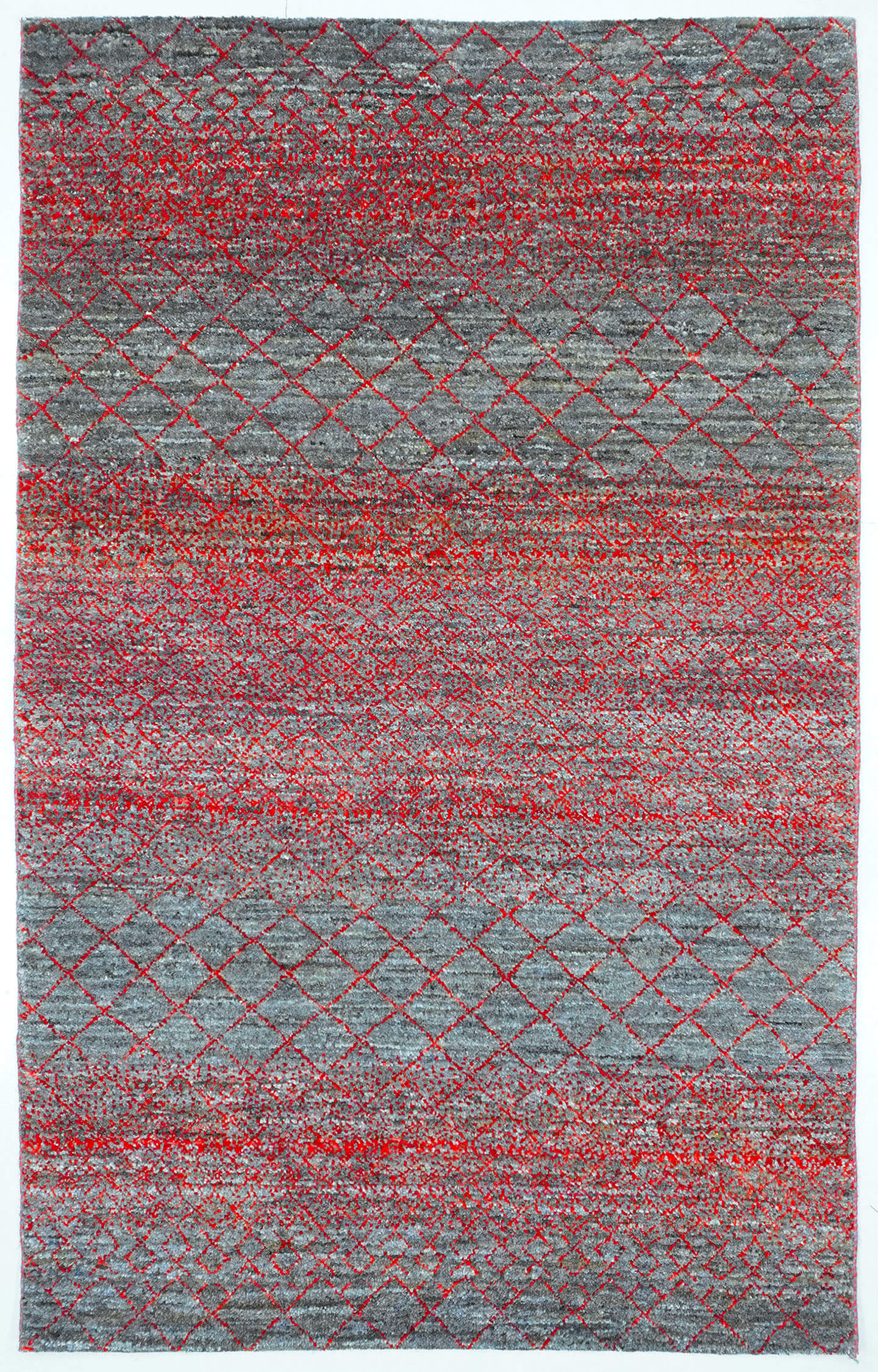 Full view of a pewter grey hand-knotted Aatish rug featuring a rhythmic crimson red Shabaka grid