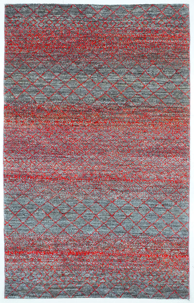 Full view of a pewter grey hand-knotted Aatish rug featuring a rhythmic crimson red Shabaka grid