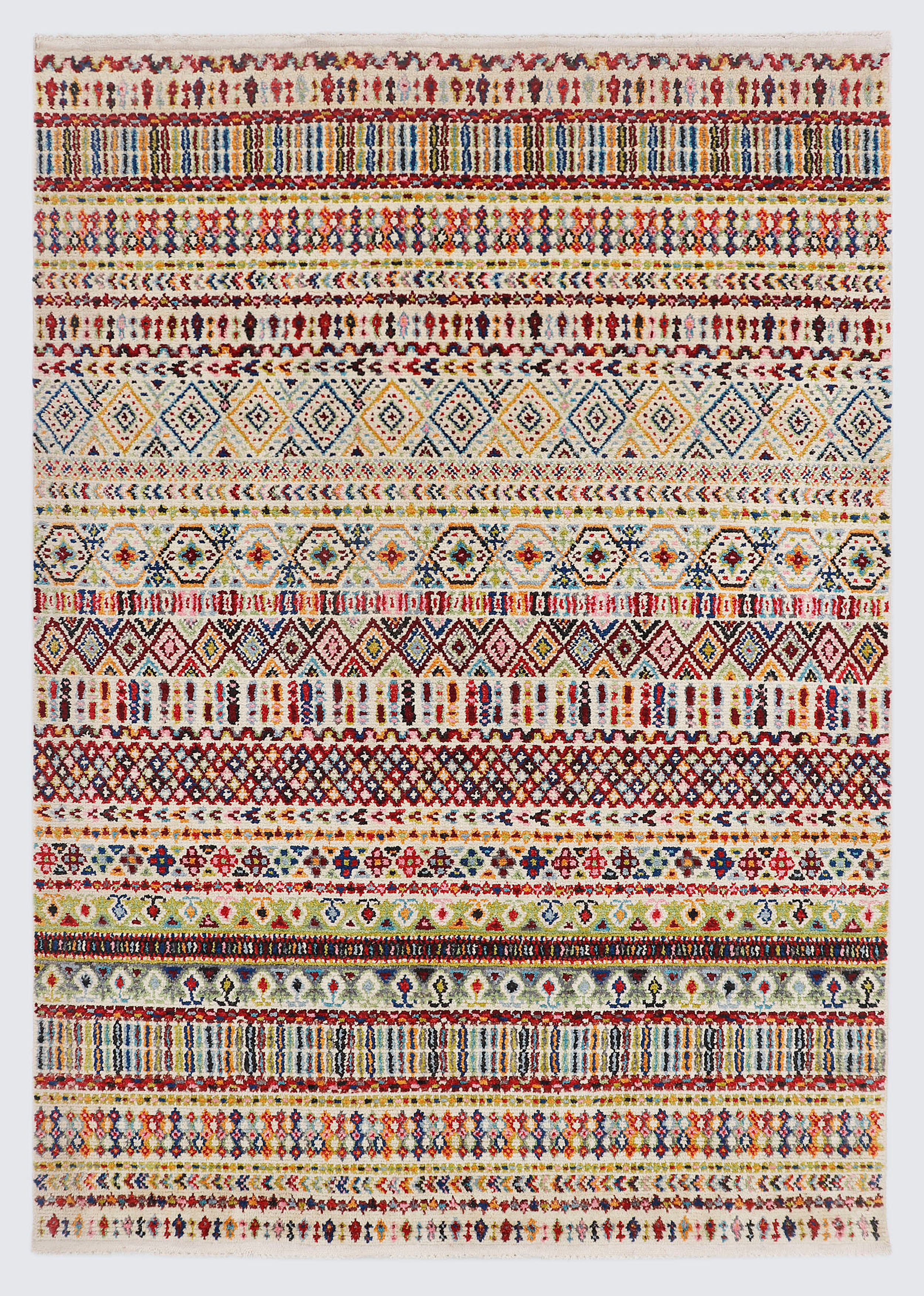 A full view of a vibrant, hand-knotted rug from Pakistan featuring dense, horizontal stripes of intricate geometric tribal motifs in rich jewel tones of ruby red, indigo blue, and saffron yellow.