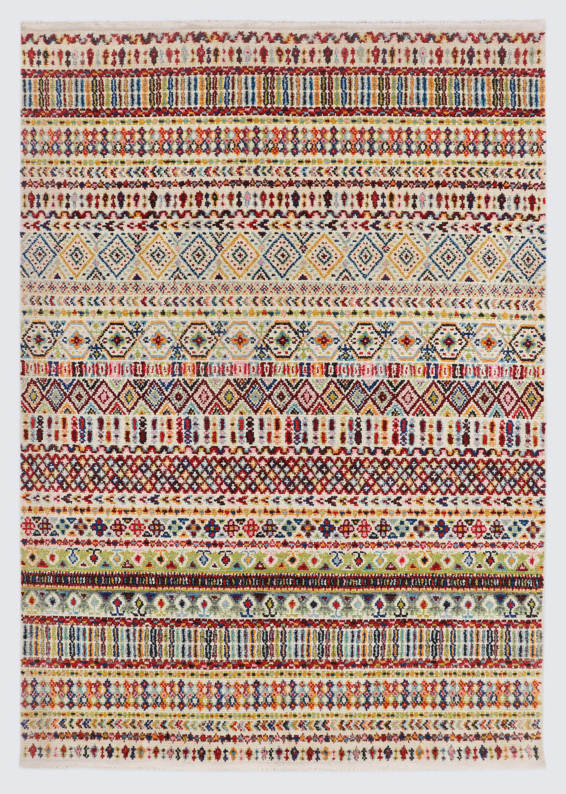 A full view of a vibrant, hand-knotted rug from Pakistan featuring dense, horizontal stripes of intricate geometric tribal motifs in rich jewel tones of ruby red, indigo blue, and saffron yellow.