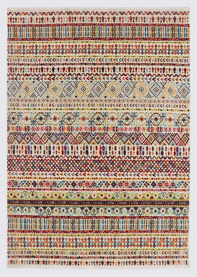 A full view of a vibrant, hand-knotted rug from Pakistan featuring dense, horizontal stripes of intricate geometric tribal motifs in rich jewel tones of ruby red, indigo blue, and saffron yellow.