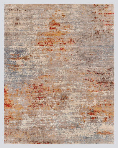 A full view of a modern, pure abstract hand-knotted rug featuring sweeping, painterly washes of slate blue and burnt sienna over a luminous cream foundation.