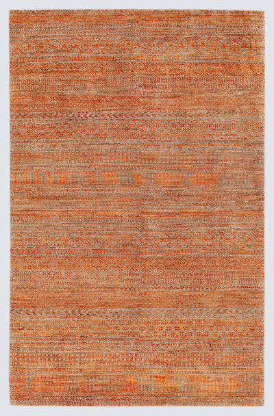 A full architectural view of a high-density hand-knotted Aatish Gabbeh rug featuring rhythmic bands of variegated orange motifs over a shimmering silver-grey foundation.