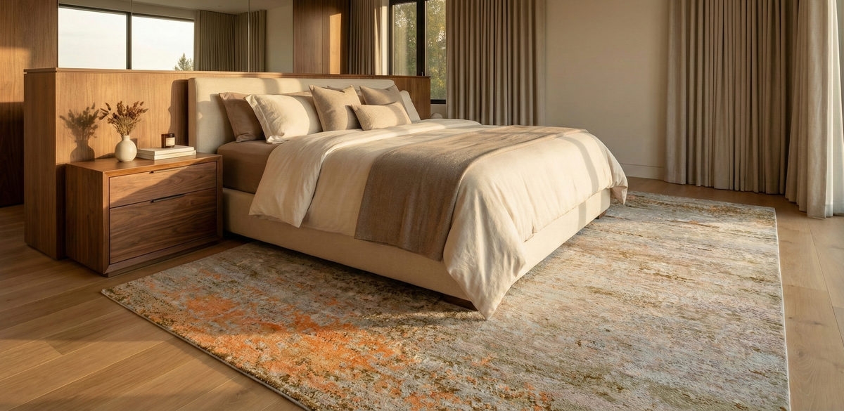 Bedroom rug placement starting in front of nightstands