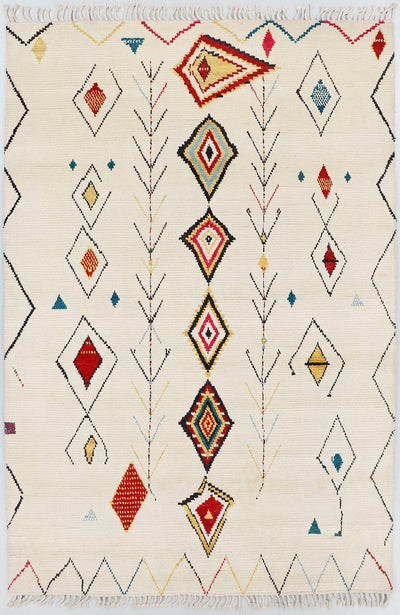 A full view of a hand-knotted, high-pile Moroccan style rug on a natural cream background, featuring a central vertical stack of colorful diamonds, flanked by delicate chevron vine motifs and framed by zigzag borders.