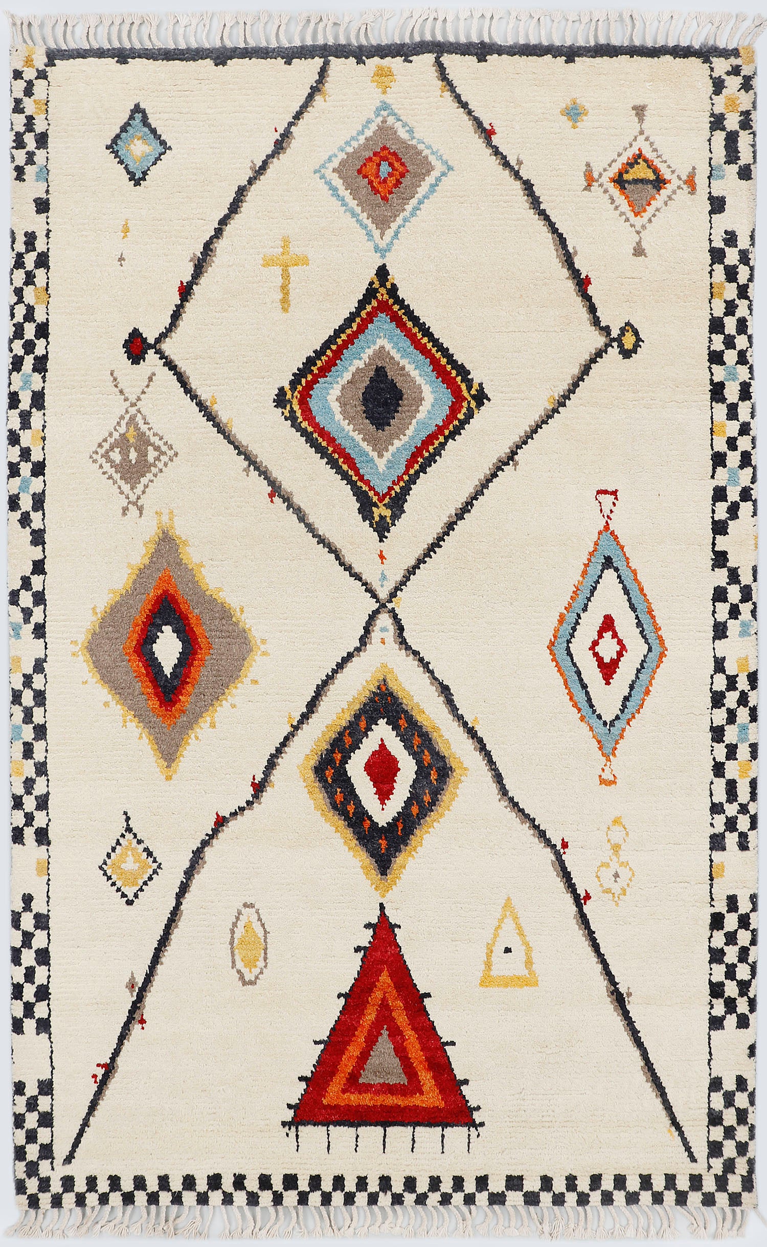 A full view of a hand-knotted, high-pile Moroccan style rug featuring a natural cream background, large intersecting charcoal lines forming diamond shapes, colorful tribal motifs, and a black and white checkerboard border.